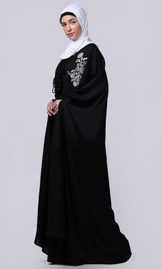 Essence Abaya is the simple, comfortable, easy and reliable breathable abayaA Proper Dress Is A Very Important Part Of Salah/Namaz. It Not Only Covers Us In A Proper Manner But It Also Relieves Us Of Consciousness Of Not Exposing The Awrah. The abaya Is Traditionally Worn Over Your Clothes For any occasion, Reading Of Quran Or Additional Modesty When In Groups. This Article Is Made Of Cotton Fabric Which Is Very Soft, Breathable, Light Weight And Easy To Maintain. It Gives A Good Fall To The Gar Modest Black Kaftan For Eid, Black Embroidered Floor-length Abaya, Black Abaya With Modesty Panel For Eid, Modest Black Thobe For Eid, Kaftan Style, Patch Work, Embroidered Patch, Embroidered Patches, Consciousness