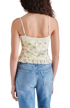 Turn up the charm with this winsome corset top fixed with lacy edges and scattered with dainty blooms. 12" center front length Sweetheart neck Adjustable straps 100% polyester Hand wash, dry flat Imported Yellow Corset, 2024 Aesthetic, Hairstyling Products, Cropped Camisole, Rollerball Perfume, Desired Reality, Beauty Sale, Sweetheart Neck, Turn Up