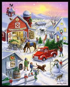 a painting of people and animals in the snow near a red truck with a christmas tree on it