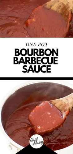 one pot bourbon barbecue sauce is being stirred with a wooden spoon and the other has been cooked