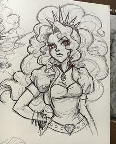 a drawing of a woman in a cosplay outfit with her hair pulled back