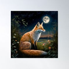 a painting of a fox sitting in the grass at night under a full moon poster