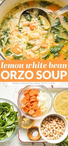 lemon white bean orzo soup with carrots, spinach and other ingredients in bowls