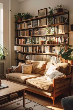 a living room filled with lots of furniture and bookshelves full of plants on top of them