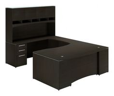 an office desk with two drawers and a bookcase