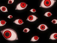 red and white eyeballs on black background