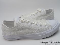 "Beautiful and Romantic wedding sneaker are a perfect accessories for your Special day..These Wedding White Monochrome Converse Sneakers , are embellished with Ivory Sequin Lace fabric . Ivory Satin Ribbon shoe lace for tying ... Lace is available in white , Ivory , Champagne , Blush This Chuck Taylor All Star Monochrome Low Top runs a half-size large. Handmade to order, so please allow me enough time before your wedding date. Orders are processed and shipped within 4-5 WEEKS of payment., large Wedding Converse Shoes, Lace Converse, Wedding Sneakers For Bride, Lace Toms, Ribbon Shoe Laces, Wedding Vans, Bridal Converse, Converse Wedding, Converse Wedding Shoes