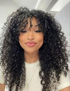 Curly Hair Bangs Aesthetic, Mixed Curly Hair Layers, Curly Heart Shaped Hair, 3b Curls With Bangs, Long Curly Hair With Bangs Black Women, Curly Cut Long Layers, 3b Curly Hair Layers, Curly Sew In With Bangs, 3b Bangs