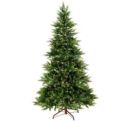 a green christmas tree with lights on it's branches and a small stand in the middle