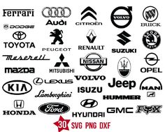 many different types of car logos are shown in black and white on a white background