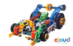 a drawing of a multicolored machine with wheels and axles on white background