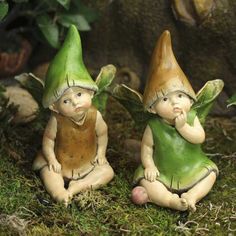 two little garden gnomes sitting on the ground