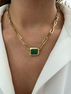 Silver gold plated emerald bezel paperclip chain necklace – Gemma Azzurro Green Link Chain Necklace Gift, Green Link Chain Necklace As Gift, Green Link Chain Necklace For Gifts, Elegant Green Necklace With Paperclip Chain, Emerald Necklace Pendant, Paperclip Chain Necklace, Paperclip Necklace, Emerald Pendant, Emerald Necklace