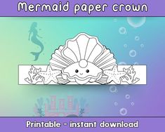 the mermaid paper crown is shown on top of an ocean scene with starfish and shells