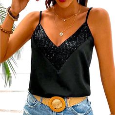 Black V Neck Tank With Glitter Panel. Spaghetti Straps. Size: M New Casual Sequined Tank Top For Party, Casual Sequined Tank Top For Night Out, Black Sequined Tank Top For Summer, Black Camisole For Spring Party, Black Party Camisole For Spring, Glamorous Black Summer Tank Top, Casual Black Camisole For Party, V Neck Top, Black Glitter