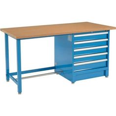 a blue workbench with six drawers and one drawer on the top is shown