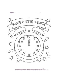 a happy new year coloring page with an alarm clock