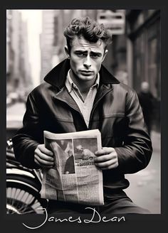 a man in a leather jacket is reading a newspaper