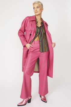 - Faux leather  - Button closure  - Side pockets  - Breast pockets  - Classic lapels  - Maxi length    8% Elastane  30% Tencel  62% Viscose Pink Outerwear With Double Button For Business, Pink Outerwear With Double Button Closure For Business, Pink Business Outerwear With Button Closure, Chic Long Leather Jacket With Button Closure, Chic Long Coat Leather Jacket With Button Closure, Pink Double-breasted Business Outerwear, Collared Faux Leather Outerwear For Work, Spring Workwear Leather Long Coat, Spring Workwear Long Leather Jacket