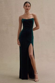 Jenny Yoo Cassandra Strapless Stretch Velvet Gown | Anthropologie Wedding Guest Gown Black Tie, Dark Green Wedding Guest Dress, Jewel Tone Dress, Guest Ideas, Black Tie Wedding Guest Dress, Wedding Guest Gowns, Fall Bridesmaid Dresses, Bridesmaid Dresses Strapless, Velvet Bridesmaid Dresses