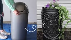 two images side by side one has a trash can and the other has a planter