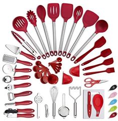 red kitchen utensils are arranged in a circle