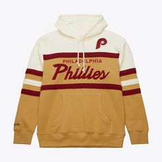 Men's  Tan Philadelphia Phillies Head Coach Fleece Pullover Hoodie Throwback Team-colored Hoodie For Fan Gear, Cotton Varsity Hoodie With Adjustable Hood, Sporty Sweatshirt With Adjustable Hood For Fans, Throwback Fleece Sweatshirt For Streetwear, Sporty Hooded Hoodie For Fan Gear, Varsity Hoodie With Team Logo For Game Day, Throwback Hoodie With Letter Print And Crew Neck, Throwback Crew Neck Hoodie With Letter Print, Fleece Sweatshirt For Streetwear Fan Apparel