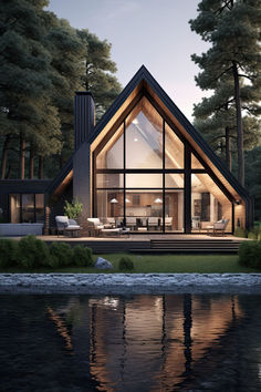 a house that is sitting in the grass next to a body of water and trees