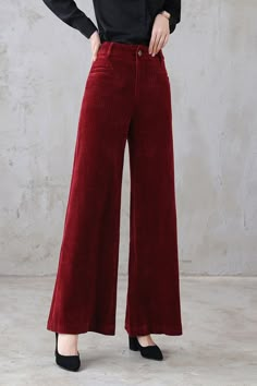 Red Corduroy Pants Wide Leg pants for women Long Pants High | Etsy Courteroy Pants, High Waisted Corduroy Pants, Red Pant Outfit, Red Pants Aesthetic, Red Linen Pants Outfit, Red Corduroy Pants Outfit, Red Wide Leg Pants Outfit, Wide Leg Red Pants, Red Linen Pants