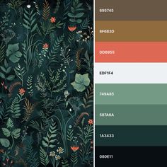 the color palette is green, brown, and orange with flowers on it in different shades