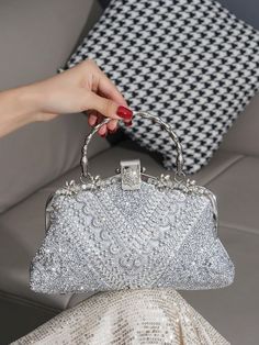 Rhinestone Decor Clutch Bag, Iron Wristlet Handbag, Party Purse, Luxury Women Evening Bag For Gala, Sophisticated Elegant Formal Handbag Silver Glamorous   PVC Geometric,Plants,All Over Print,Textured Pattern Square Bag   Women Bags, size features are:Bust: ,Length: ,Sleeve Length: Black Flapper Dress, Formal Bag, Prom Bag, Formal Clutch, Silver Purse, Silver Clutch, Rhinestone Clutch, Party Clutch, Party Purse