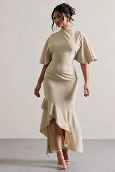 Lavinia Champagne High-Neck Flutter-Sleeve Asymmetric Maxi Dress – Club L London - USA Chic Beige Floor-length Evening Dress, Chic Cream Evening Dress For Gala, Beige Midi Cocktail Evening Dress, Beige Maxi Length Cocktail Dress, Elegant Beige Evening Dress For Spring, Chic Cream Evening Dress For Formal Occasions, Chic Cream Cocktail Maxi Dress, Chic Cream Maxi Dress For Cocktail, Elegant Neutral Midi Dress For Evening