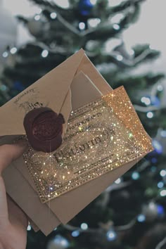 a hand holding an envelope with a wax stamp on it and a christmas tree in the background