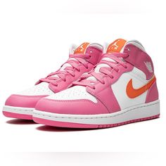 Rare Nike Air Jordan 1 Mid “Pinksicle” Color: Pink And Orange “Pinksicle” Size: 4y Style: Air Jordan 1 Mid Condition: Very Good These Are Very Cute Jordan 1. They Are Rare And Very Sought After. They Are Rare Because Limited Inventory Was Sold On July, 2022 At 10:00am, Where They Sold Out Almost Immediately. I Was Lucky Enough To Get My Hands On Them And This Eye Catching Color Combo Is Only Sold In Youth Sizes. If You Are A Women’s Size: 5 These Have A Good Chance Of Fitting You. They Have Been Cute Jordan 1, Cute Jordans, Air Jordan 1 Mid Gs, Rare Nikes, Nike Air Jordan 1 Mid, Shade Of Pink, Orange Accents, July 2022, Nike Air Jordan 1