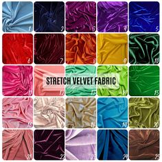 different colors of satin fabric with the words stretch velvet fabric on it in multiple rows