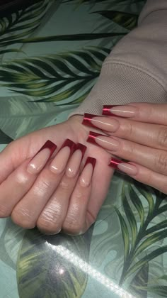 Chrome Red Nails French Tip, Red Chrome French Tip Nails Square, Red Chrome French Nails, Nails With A Red Dress, Red Chrome Nails French Tip, Red Chrome Tip Nails, Taper Nails, Dark Red French Tip Nails Square, Chrome Red French Tip Nails