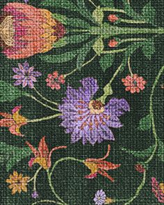 a cross stitch pattern with flowers and leaves on black background, in the style of tapestry