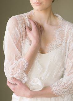 Bridal Lace Robe Kimono (#Isabella) - Dream Dresses by P.M.N
 - 3 Bridal Train, Lace Bridal Robe, Scalloped Neckline, Bridal Robe, Bridal Veils, Dream Dresses, Lace Cuffs, Ultra Feminine, Ribbon Belt