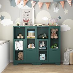 a green bookcase in a child's room