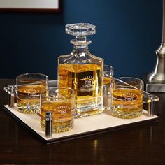 an assortment of whiskeys and glasses on a tray