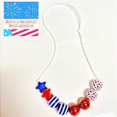 Adjustable Length From 12-22” On Ez Slide White Cord Adjustable Blue Jewelry For 4th Of July, Adjustable Playful Blue Jewelry, Playful Adjustable Blue Jewelry, Fun Blue Round Beads Jewelry, Fun Blue Round Beaded Jewelry, Adjustable Blue Hypoallergenic Necklace, Adjustable Hypoallergenic Blue Necklaces, Adjustable Hypoallergenic Blue Necklace, Adjustable Patriotic Red Necklace