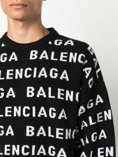 Stay cozy and stylish in this black and white wool sweater featuring an all-over Balenciaga logo. The oversized fit and ribbed trims offer the perfect combination of comfort and trendiness. Whether you're out and about or lounging at home, this sweater is sure to make a statement. Long-sleeved crewneck design Oversized fit for ultimate comfort All-over Balenciaga logo for a trendy look Ribbed trims for added style Balenciaga Sweater, Japan Jeans, Cristobal Balenciaga, Balenciaga Logo, Logo Knit, Crewneck Style, Balenciaga Black, Crewneck Design, Balenciaga Mens