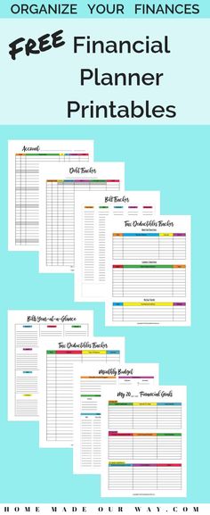 four financial planner printables with the text organize your finance plan