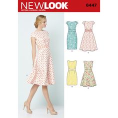 a woman in a dress and heels is standing next to the sewing pattern for new look