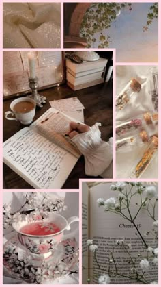 a collage of photos with flowers, books and teacups on the table