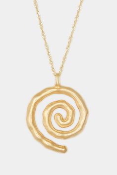 Please note that all sales are final. The Sacred Spiral is an ancient symbol of birth & rebirth; a symbol for personal power, taking you to the center of the tornado. This necklace comes on a nostalgic chain style, a keepsake that is quite literally a metaphor for personal vision and enlightenment. It will inspire in you visions of power, purpose, and creativity. 14k Gold Vermeil / .925 Sterling Silver Wipe clean Handcrafted with love in Montreal Dimensions M : 18 inch chain L : 20 inch chain | Unique Gold Spiral Necklace, Unique Gold Swirl Jewelry, Unique Swirl Shaped Gold Jewelry, Unique Swirl-shaped Gold Jewelry, Spiral Brass Jewelry, Gold Spiral Jewelry, Unique Hammered Spiral Jewelry, Spiral Brass Necklace For Gift, Unique Spiral Yellow Gold Jewelry