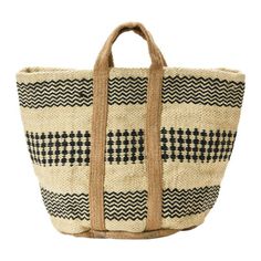 Modern Boho Woven Jute Storage Tote Bag or Planter with Waterproof Liner. Modern jute storage tote is the perfect catchall bag combining unexpected bohemian design with function. Features a water-proof liner making it perfect for displaying large plants, note that these do not have drain holes. Tote measures 17"H x 24" W; Handle measures: 4.75” H. Color: Black/Cream/Brown | Union Rustic Kanard Woven Jute General Basket in Black / Brown | 17 H x 24 W x 24 D in | Wayfair | Organization Large Tote Bag Pattern, Burlap Coffee Bags, Contemporary Pattern, Decorative Storage Baskets, Brown Mustard, Storage Tote, Jute Totes, Michael Store, Jute Bag