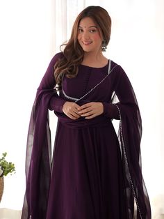 Introducing our stunning "fascinating purple georgette festival wear gown with dupatta" - the perfect outfit for all your festive occasions. This beautiful purple gown is made of high-quality georgette fabric with intricate lace work, giving it an elegant and sophisticated look. The gown is fully stitched and comes in sizes ranging from XS to XXL, ensuring a perfect fit for everyone.
This ensemble include a purple color georgette gown with lace work, a similar color cotton pant, and a georgette Purple Anarkali Set With Dabka Work For Reception, Bollywood Style Purple Designer Dress, Purple Anarkali Dress With Dabka Work, Georgette Maxi Dress With Sheer Dupatta For Eid, Purple Dabka Detailed Anarkali Set, Purple Dabka Anarkali Set, Purple Anarkali Set With Dabka Embroidery, Purple Party Kurta For Eid, Elegant Purple Dupatta With Dabka Detailing