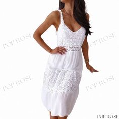 Seductive Lace Patchwork Hollow Out Sling Beach Dress Summer V-neck Suspender Dress For Beach, Chic White Suspender Dress For Vacation, Summer Halter Neck Suspender Dress For Beach, Summer Beach Suspender Dress With Halter Neck, Summer Beach Halter Neck Suspender Dress, Halter Neck Suspender Dress For Beach, Casual Halter Neck Suspender Dress For Beach, Beach Sundress With V-neck Suspender, Summer Beach Suspender Dress With Sling Shape