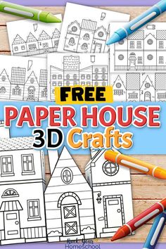 This free printable pack of 3D paper house templates makes it so easy to enjoy creative projects, play, and more with your kids. Paper City Printable For Kids, Paper School Template, 3d House Template Free Printables, 3d House Printable, Pop Up House Template Free Printable, 3d Paper Houses Free Printable, Paper Village Template Free Printable, Diy Paper House Templates, Paper People Template